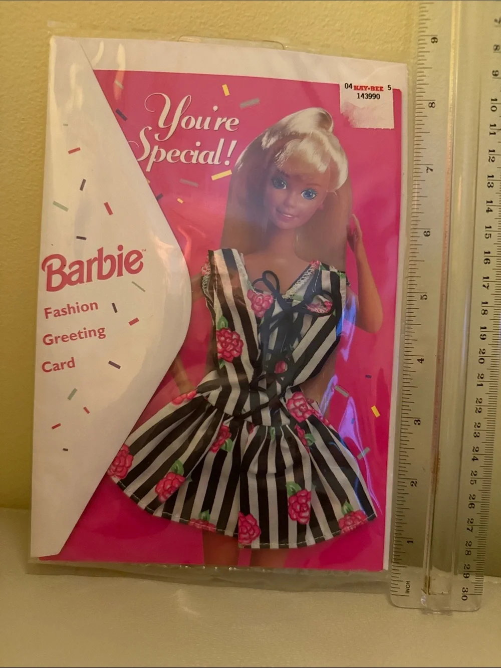 Barbie Pink Fashion Greeting Card with Striped Dress